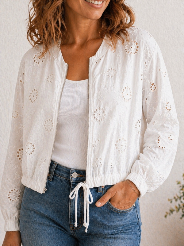 Nyla Broderie Cotton Bomber Jacket 8-16 White
