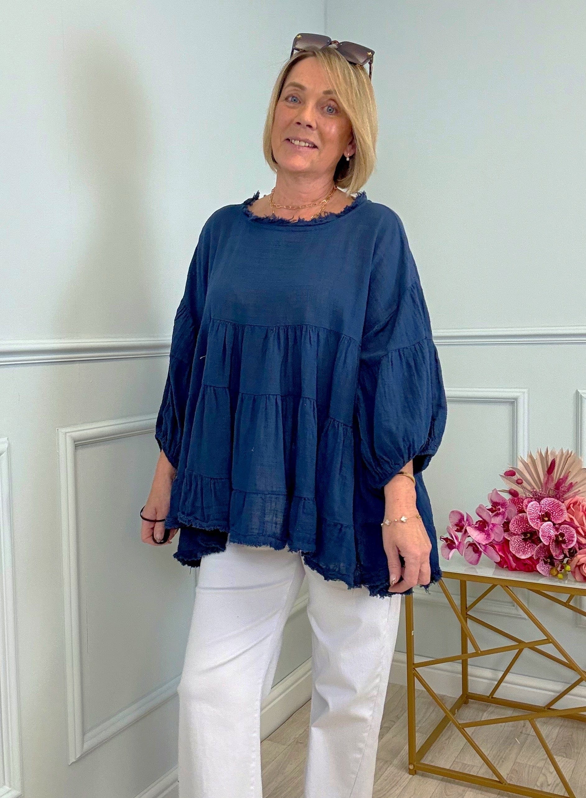 Alessia Frill Hem Boho Smock Top One Size Navy