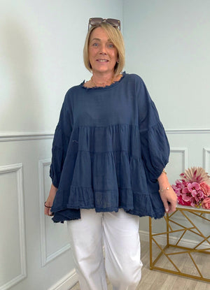 Alessia Frill Hem Boho Smock Top One Size Navy