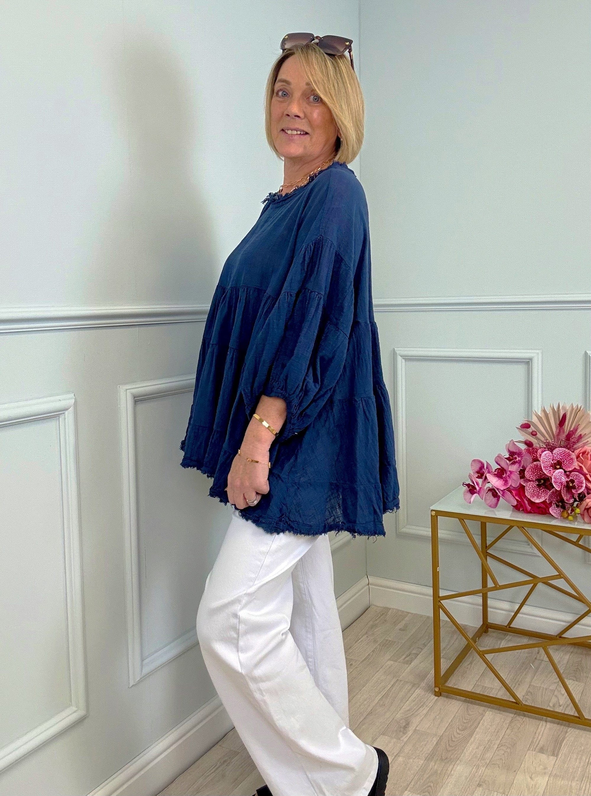 Alessia Frill Hem Boho Smock Top One Size Navy