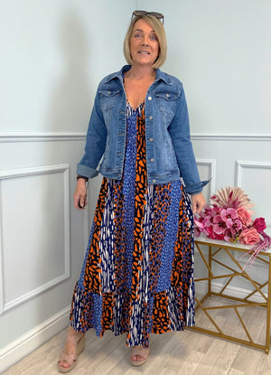 Azalea Mixed Animal V-Neck Shirred Waist Midi Dress - Flowy & Elegant Design (Sizes 8-20) Orange - Susie's Boutique
