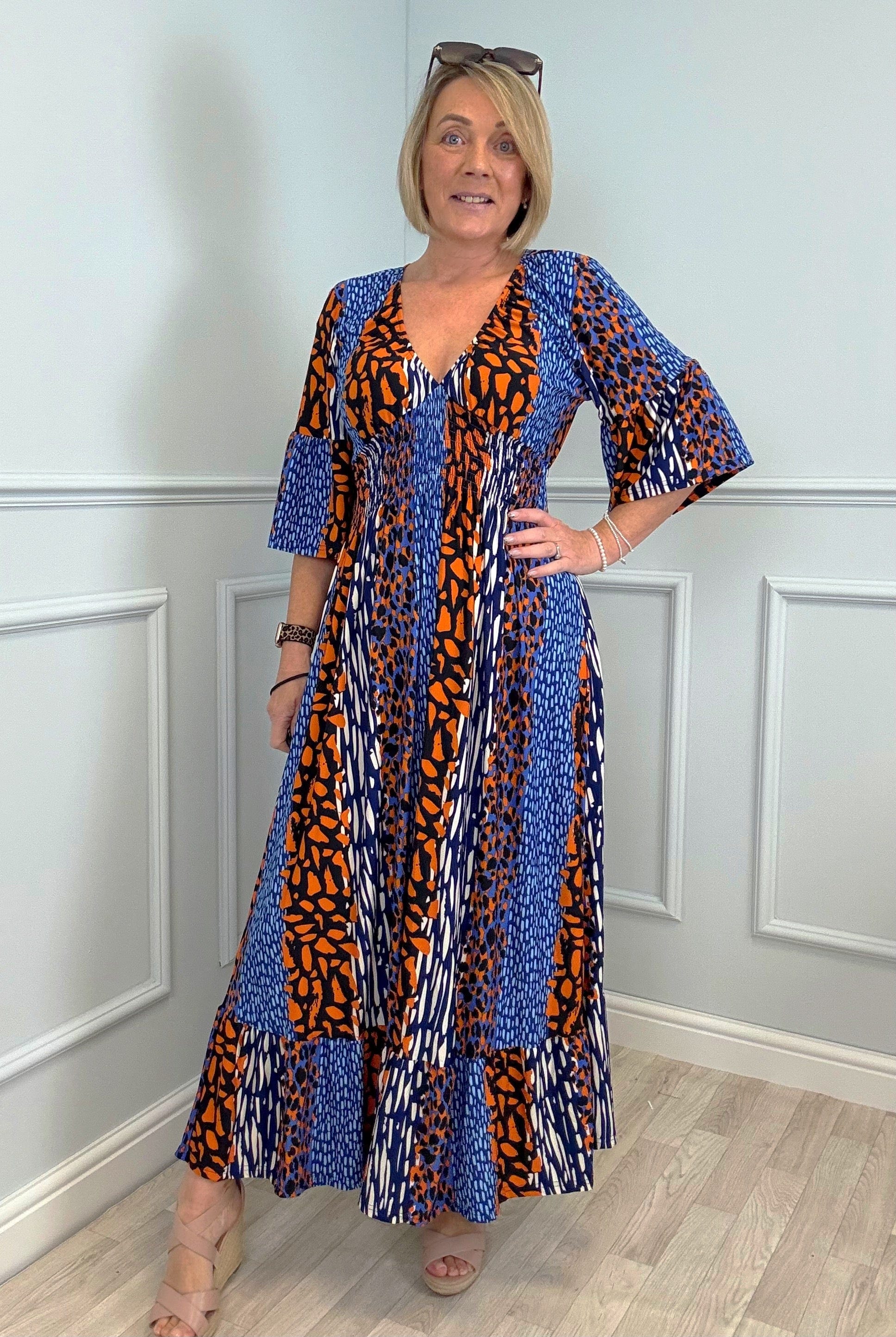 Azalea Mixed Animal V-Neck Shirred Waist Midi Dress - Flowy & Elegant Design (Sizes 8-20) Orange - Susie's Boutique