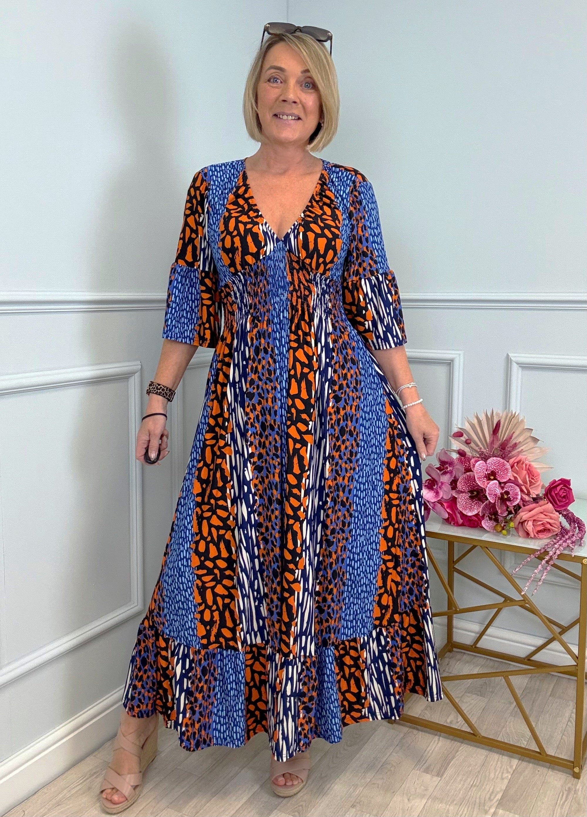 Azalea Mixed Animal V-Neck Shirred Waist Midi Dress - Flowy & Elegant Design (Sizes 8-20) Orange - Susie's Boutique