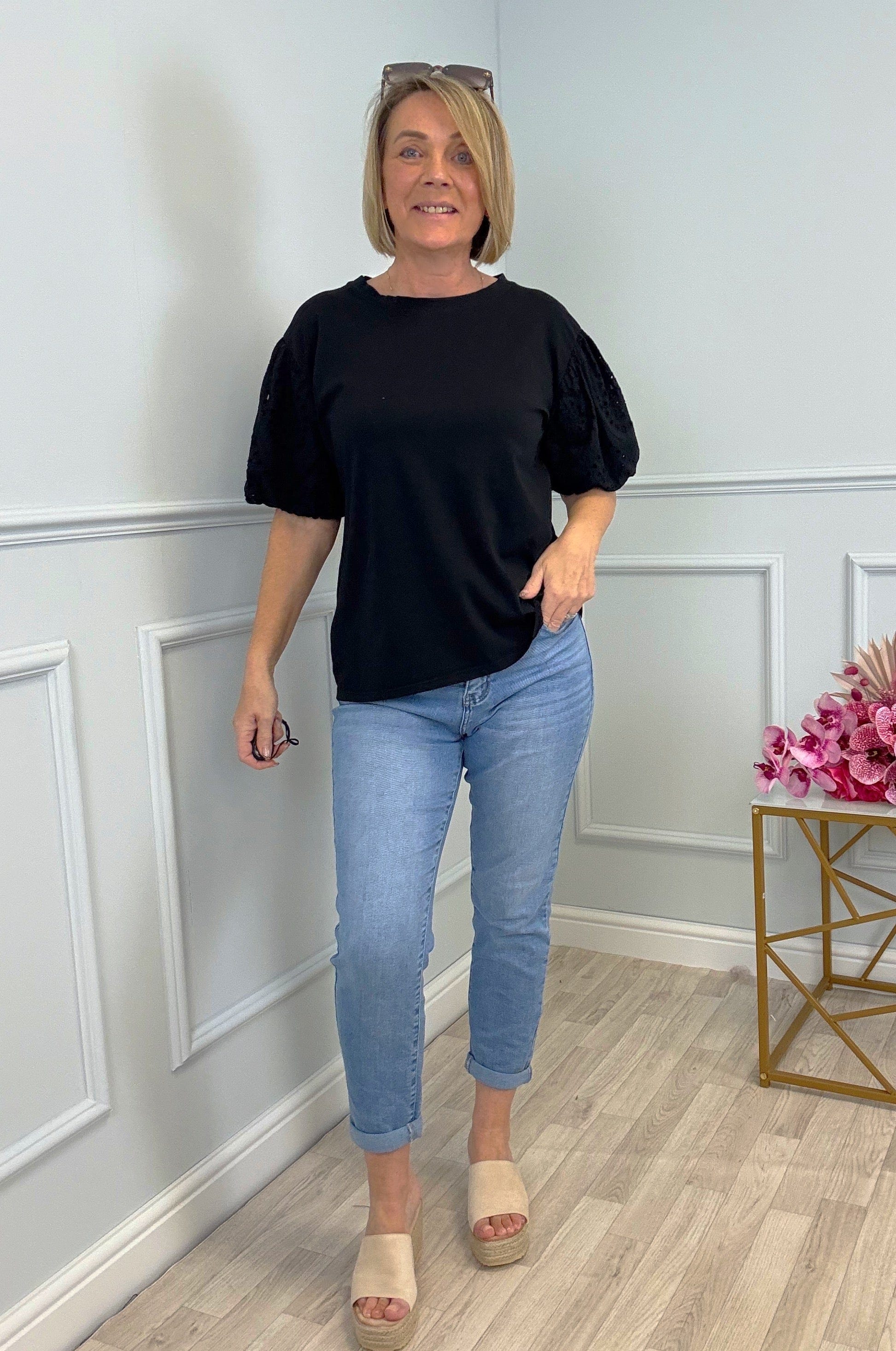 Piper Broderie Puff Sleeve T-Shirt 8-16 Black