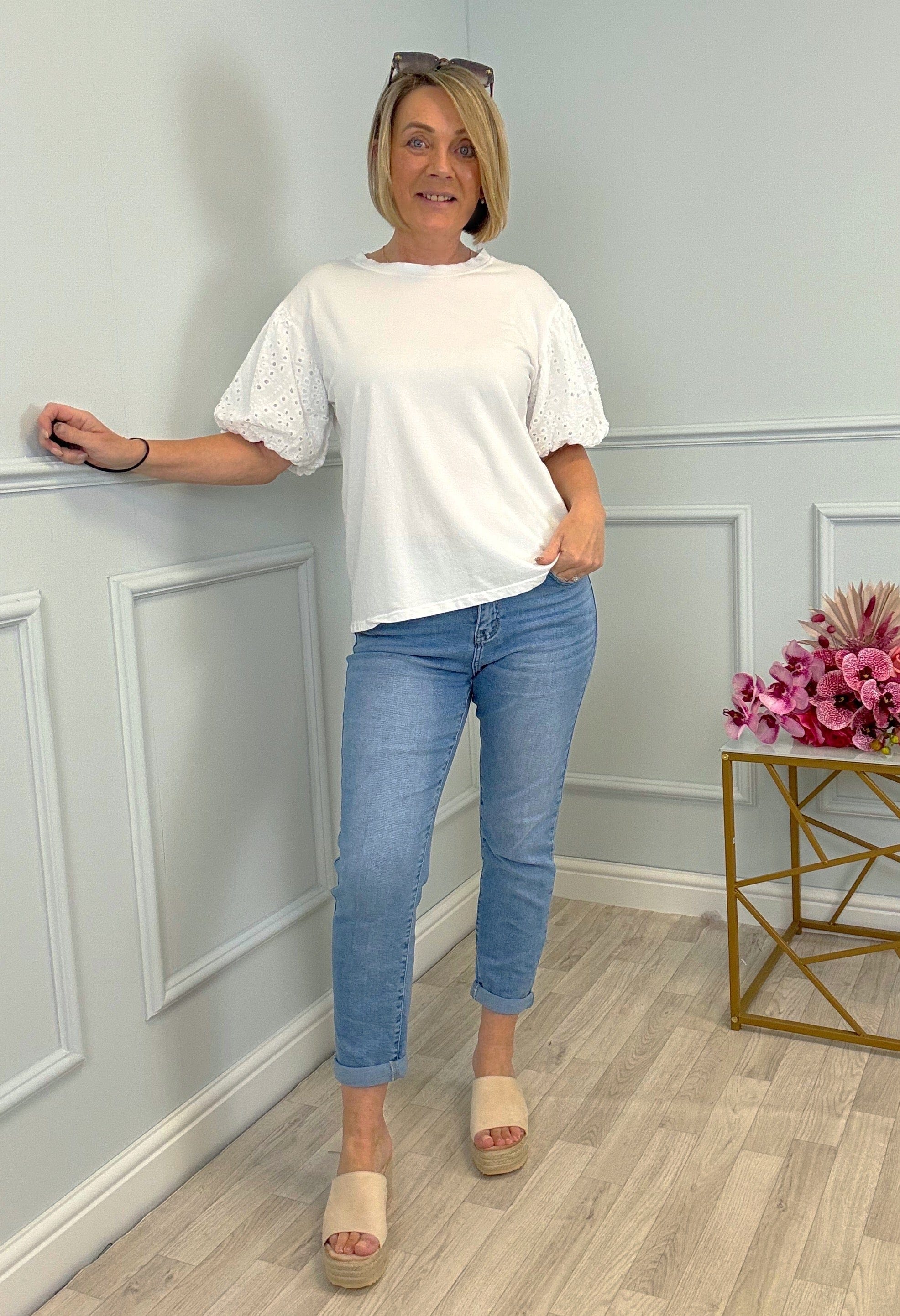 Piper Broderie Puff Sleeve T-Shirt 8-16 White