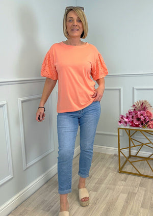 Piper Broderie Puff Sleeve T-Shirt 8-16 Coral