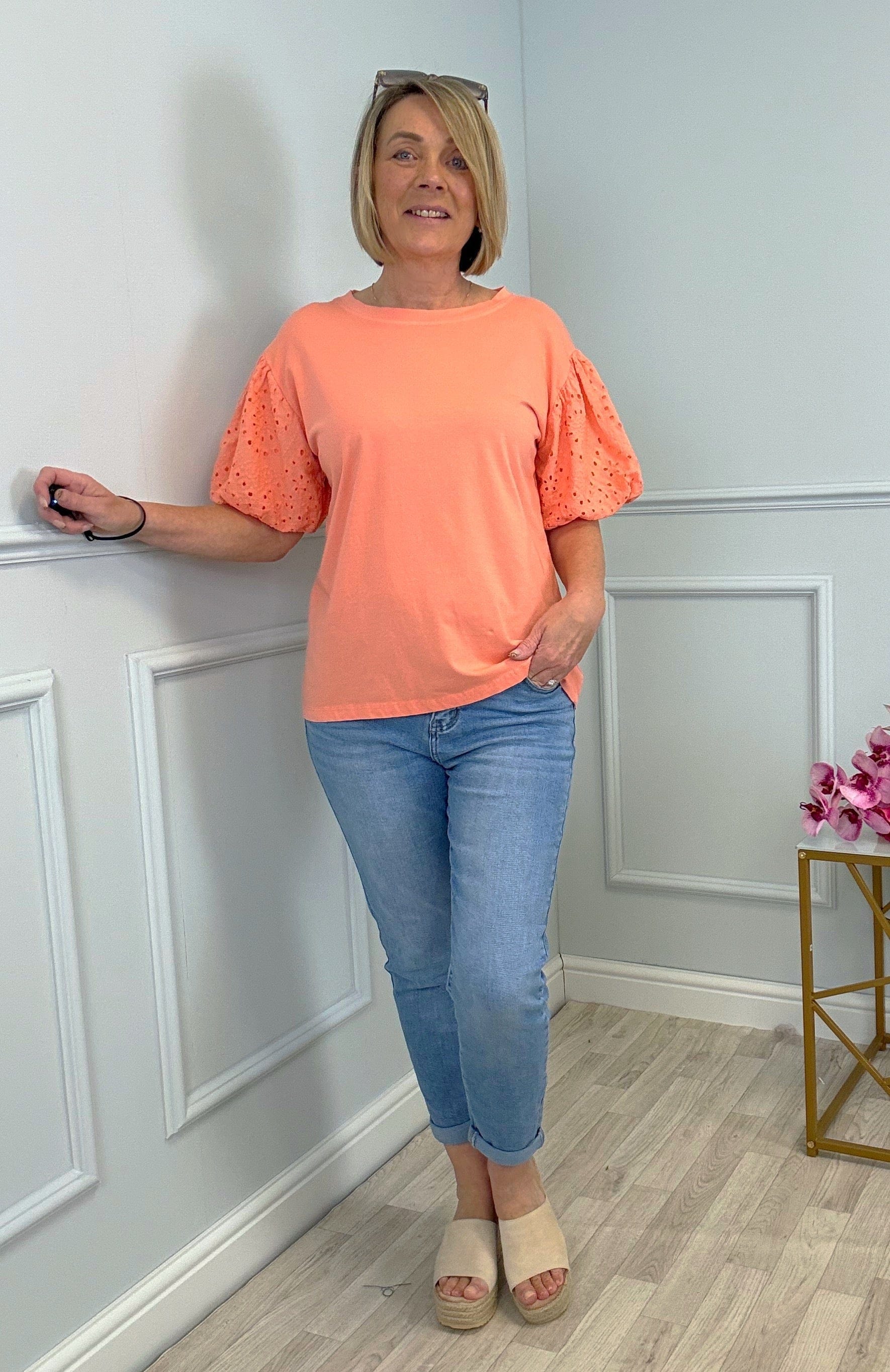 Piper Broderie Puff Sleeve T-Shirt 8-16 Coral