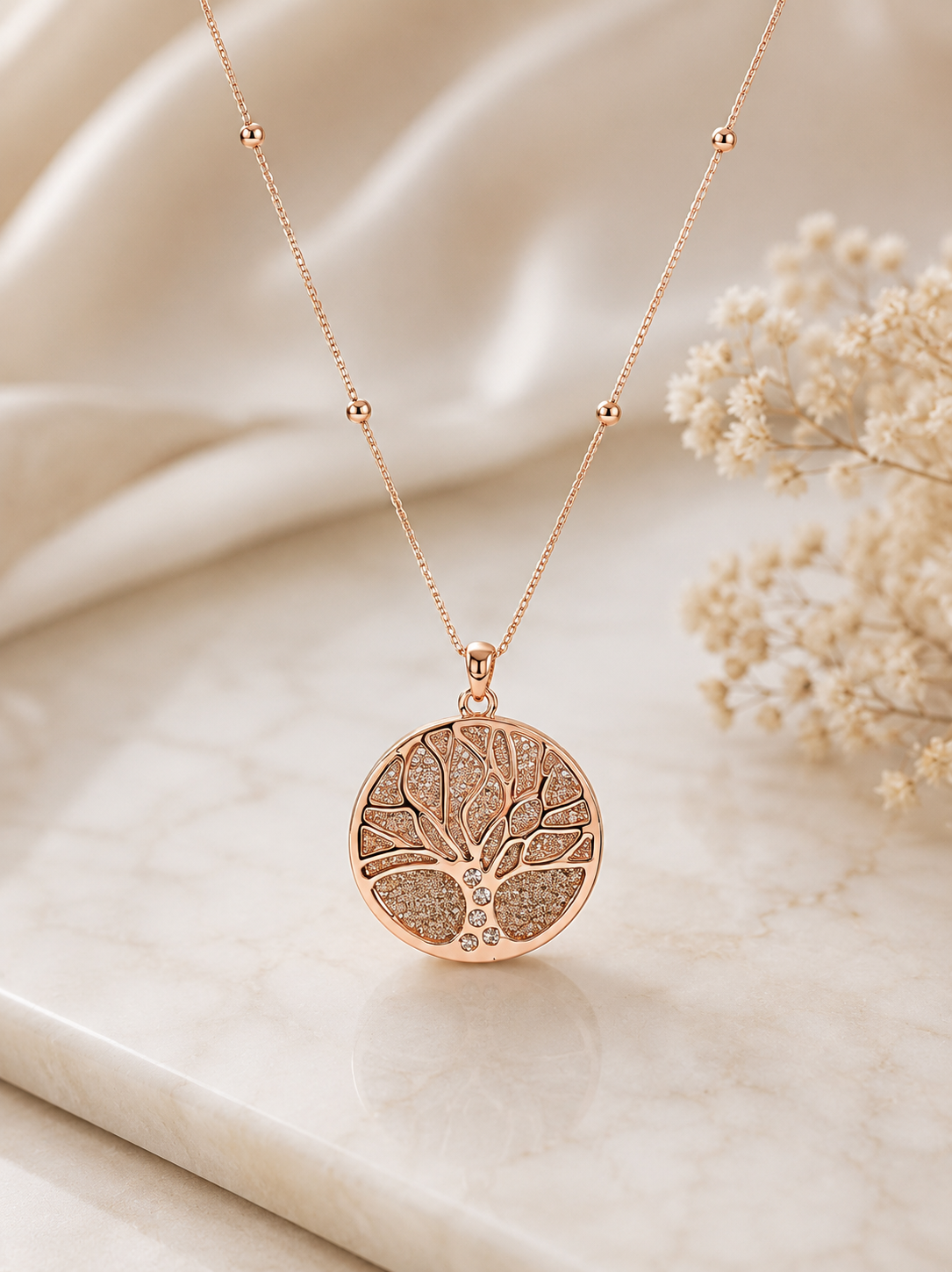 Rose Gold Filigree Disk Tree of Life Pendant Necklace