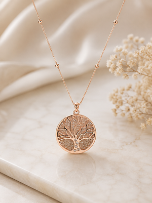 Rose Gold Filigree Disk Tree of Life Pendant Necklace