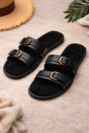 Lysandra Double Buckle Faux Leather Sliders