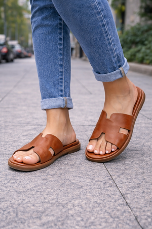 Tula Cut-Out Faux Leather Sliders Tan