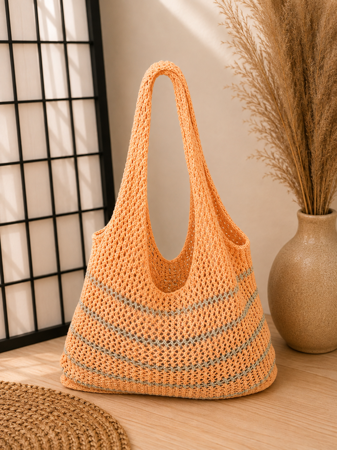 Stripe Crochet Mesh Beach Tote Bag No returns on sale items
