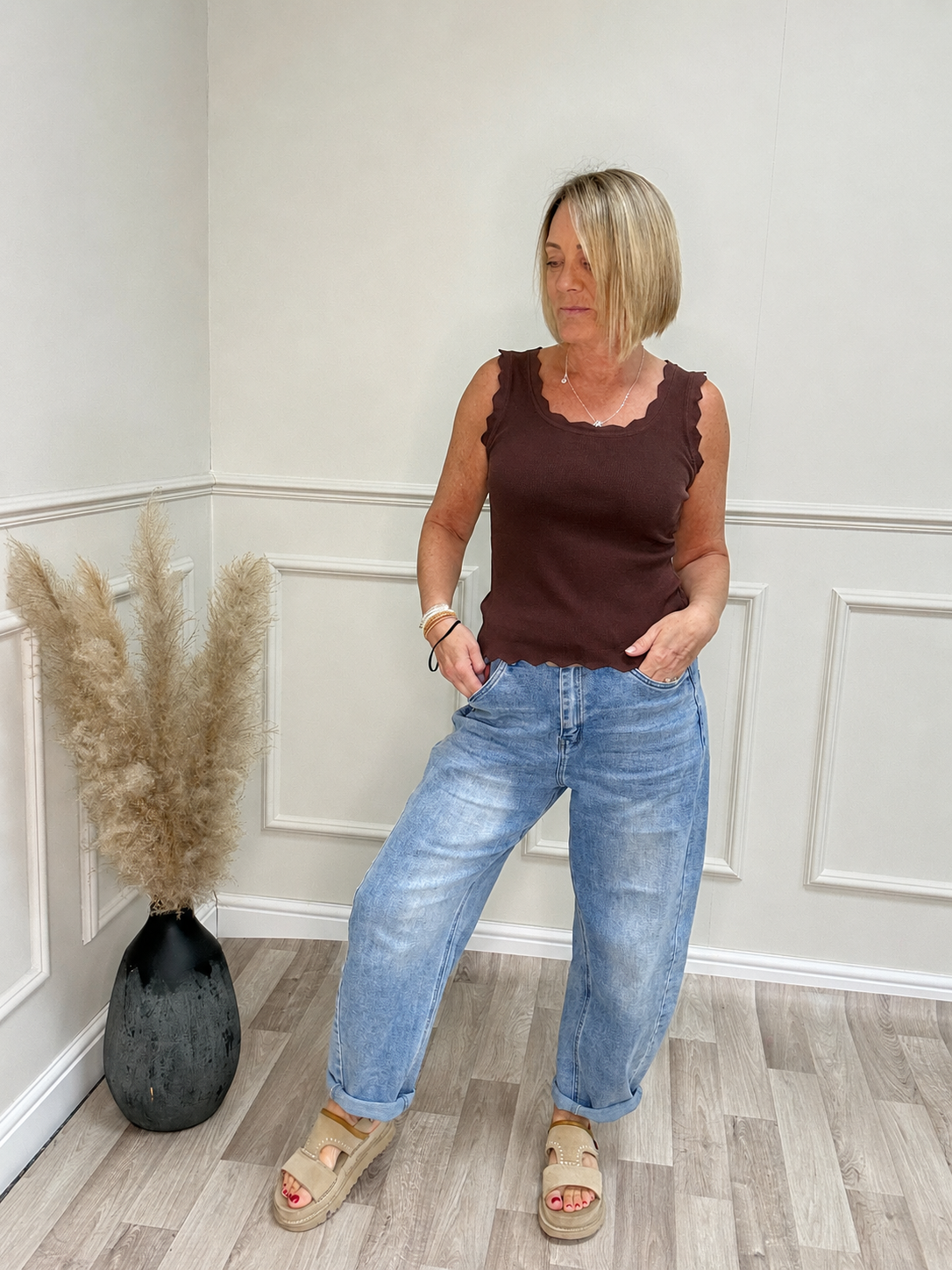 Scalloped Edge Ribbed Vest Top 8-18 Chocolate