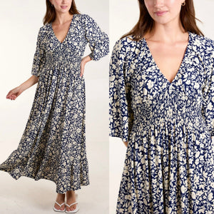 Azalea Flower V-Neck Shirred Waist Midi Dress Navy - Flowy & Elegant Design (Sizes 8-20) - Susie's Boutique
