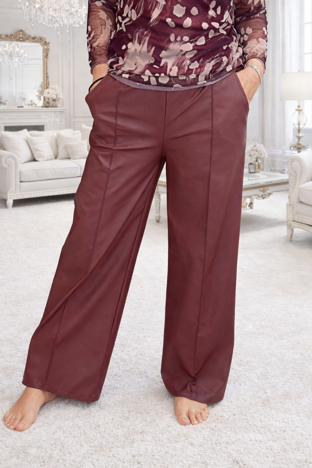 Alexandria PU Wide Straight-Leg Trousers – Sizes 10–16 Wine
