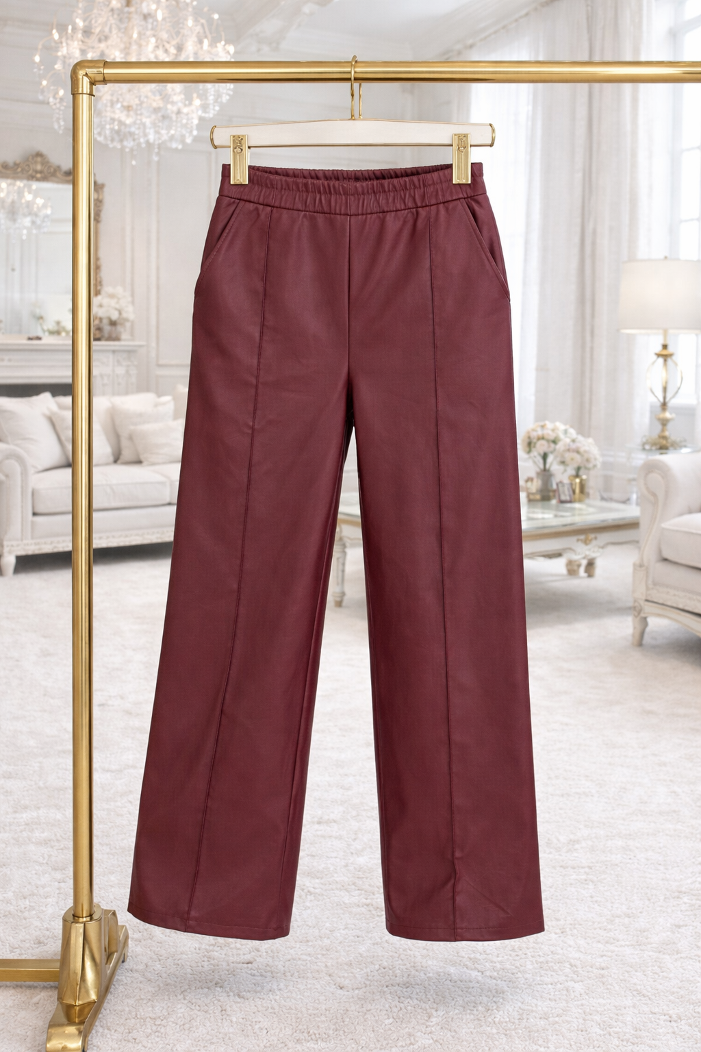 Alexandria PU Wide Straight-Leg Trousers – Sizes 10–16 Wine