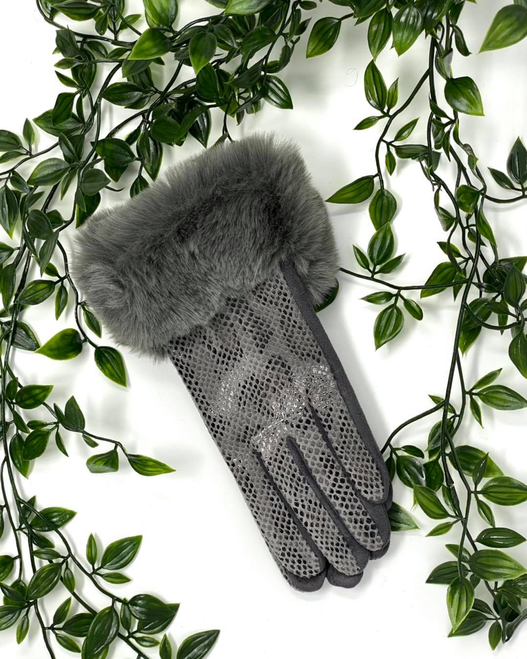 Faux Fur Trim  Gloves Slate - Susie's Boutique