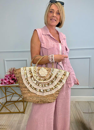 Sequin & Lace Trim Woven Straw Beach Tote Bag Large