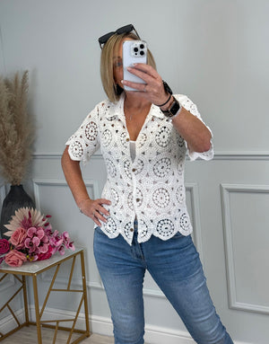 Savannah Crochet Button-Up Shirt – Elegant Boho Lace Blouse (Sizes 8-14) White
