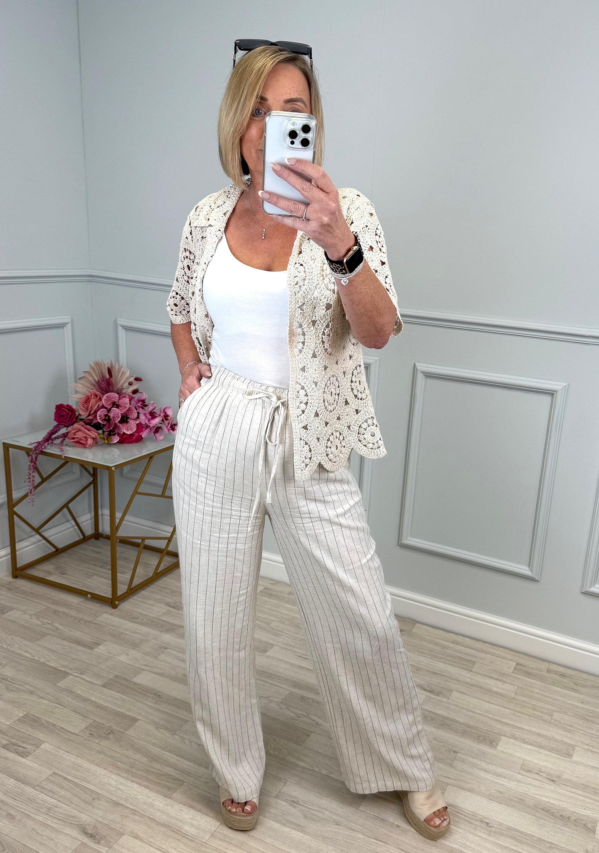 Mila Linen Stripe Wide-Leg Trousers – Lightweight, Relaxed Fit (Indi Sized 8-16)