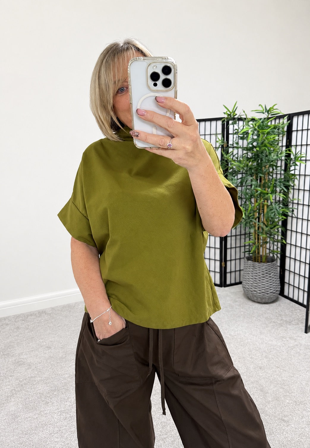 Darcy Cotton Funnel Neck Sweat Top – Olive