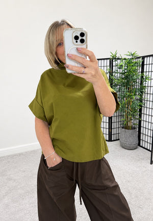 Darcy Cotton Funnel Neck Sweat Top – Olive