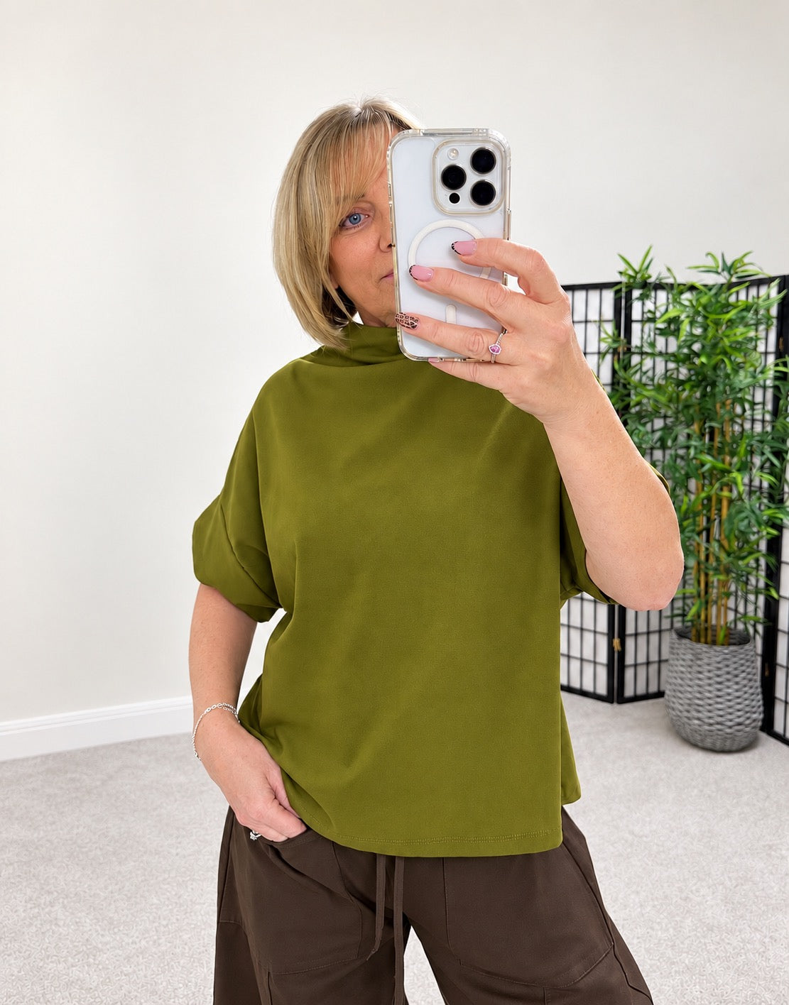 Darcy Cotton Funnel Neck Sweat Top – Olive
