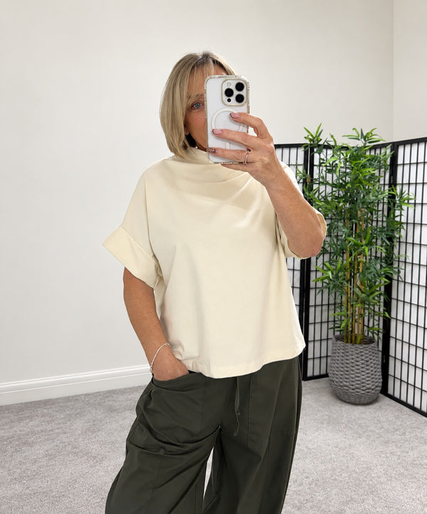 Darcy Cotton Funnel Neck Sweat Top – Cream