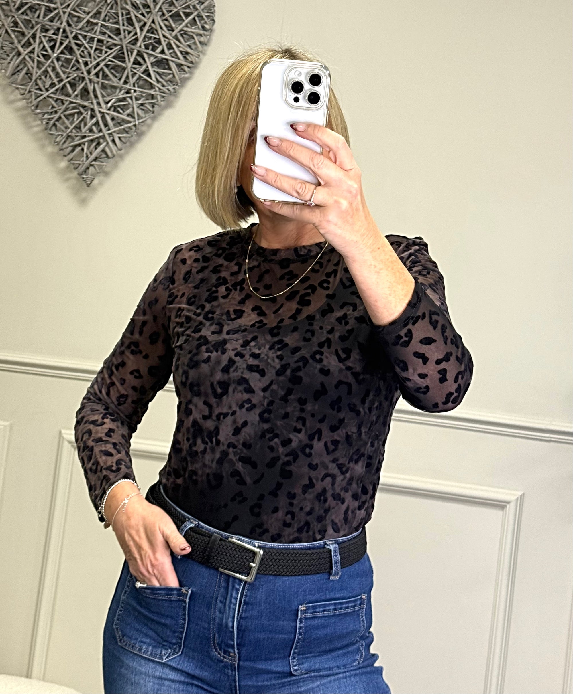 Flocked Leopard Print Mesh Top 8-18 Chocolate Leopard