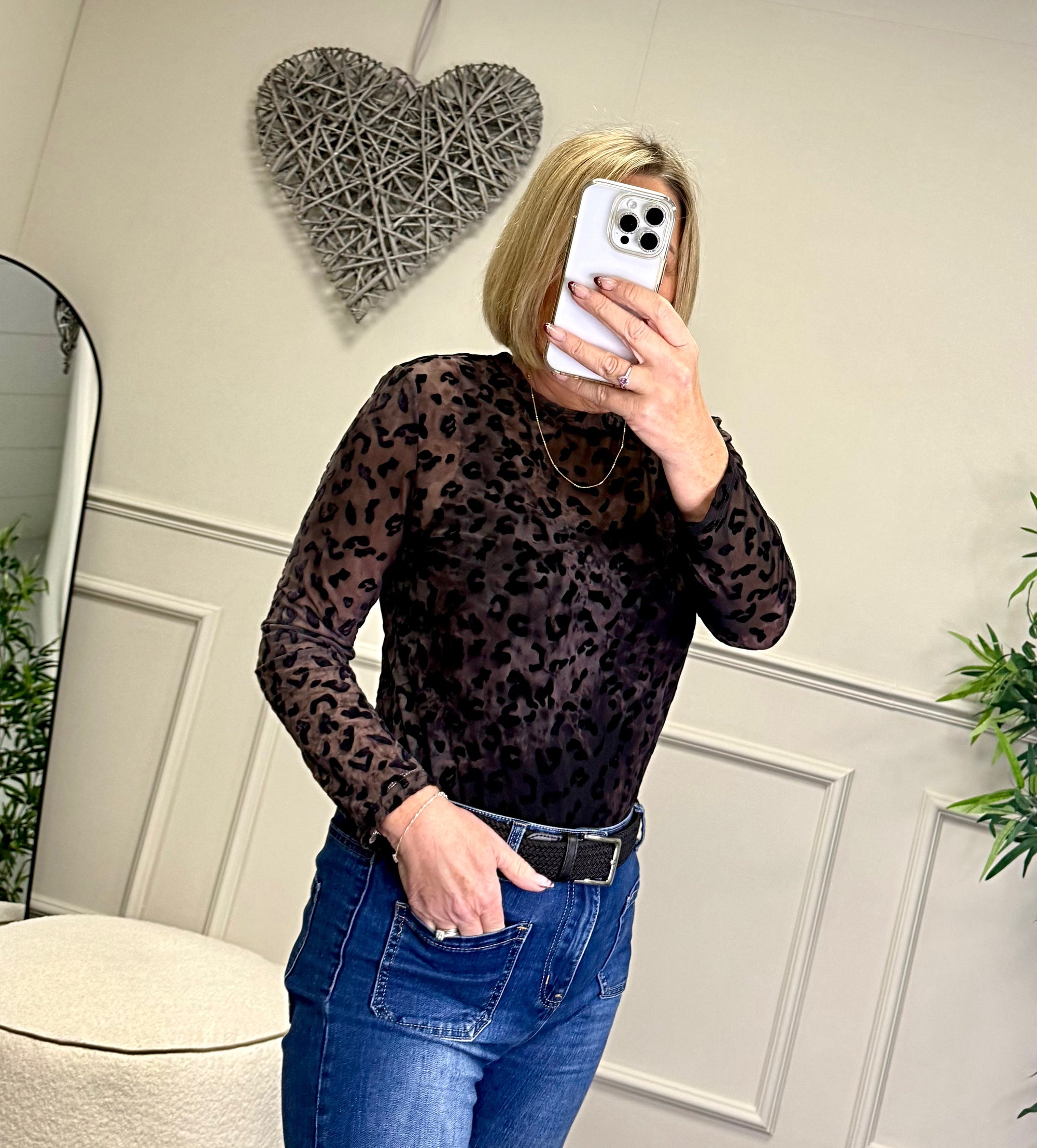 Flocked Leopard Print Mesh Top 8-18 Chocolate Leopard