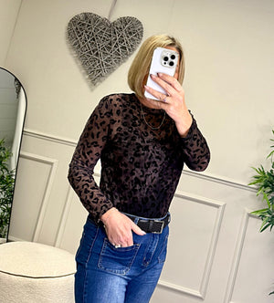 Flocked Leopard Print Mesh Top 8-18 Chocolate Leopard