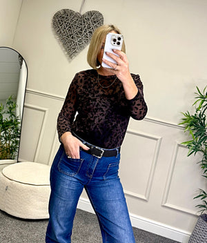 Flocked Leopard Print Mesh Top 8-18 Chocolate Leopard