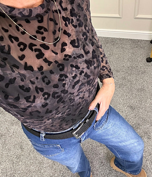 Flocked Leopard Print Mesh Top 8-18 Chocolate Leopard