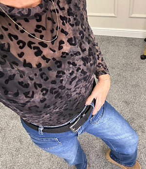 Flocked Leopard Print Mesh Top 8-18 Chocolate Leopard