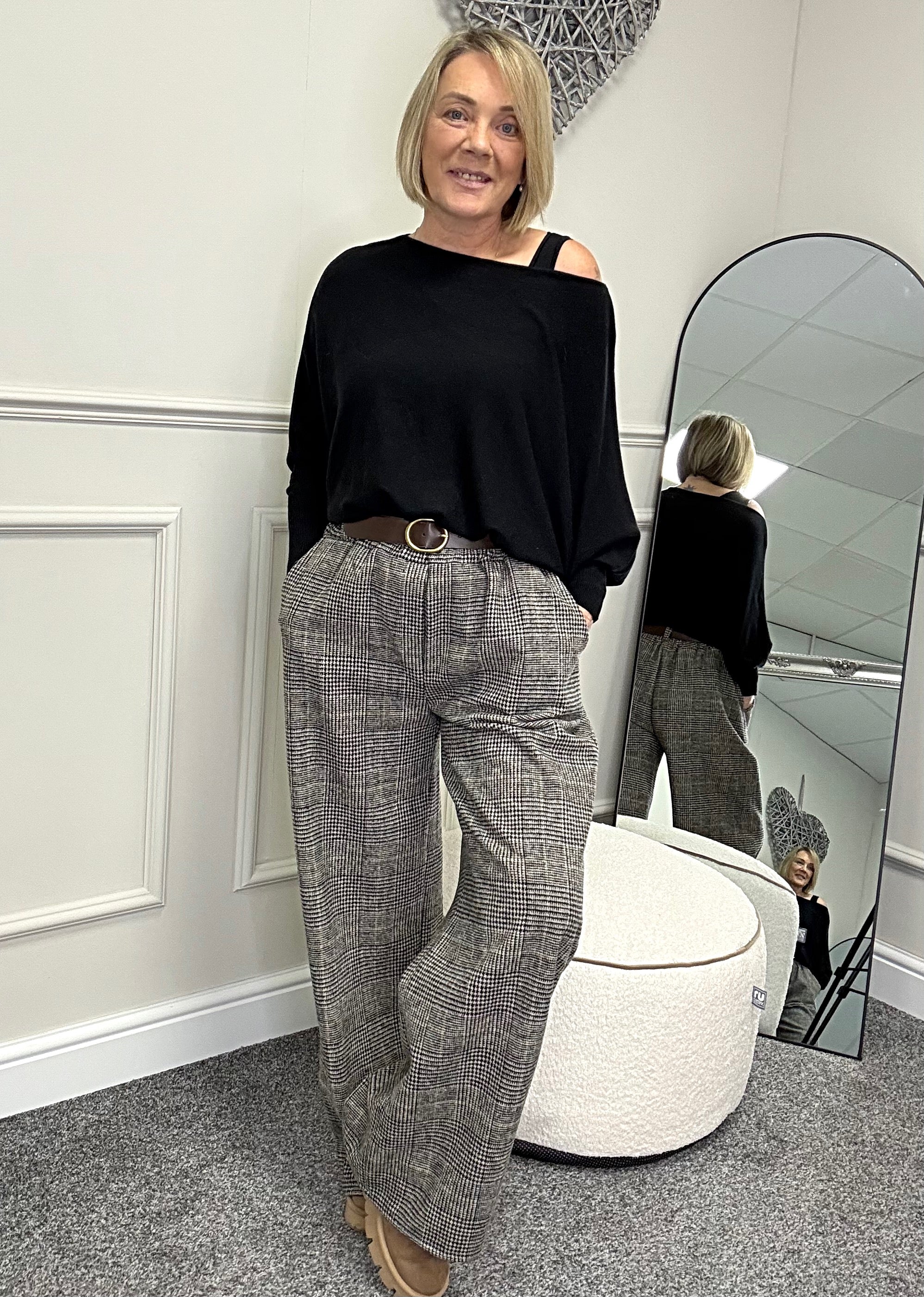 Seraphina Brushed Check Wide Leg Trousers 12-18 Black