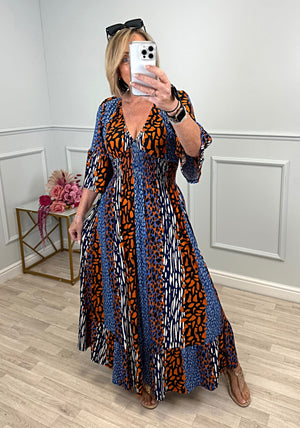 Azalea Mixed Animal V-Neck Shirred Waist Midi Dress - Flowy & Elegant Design (Sizes 8-20) Orange