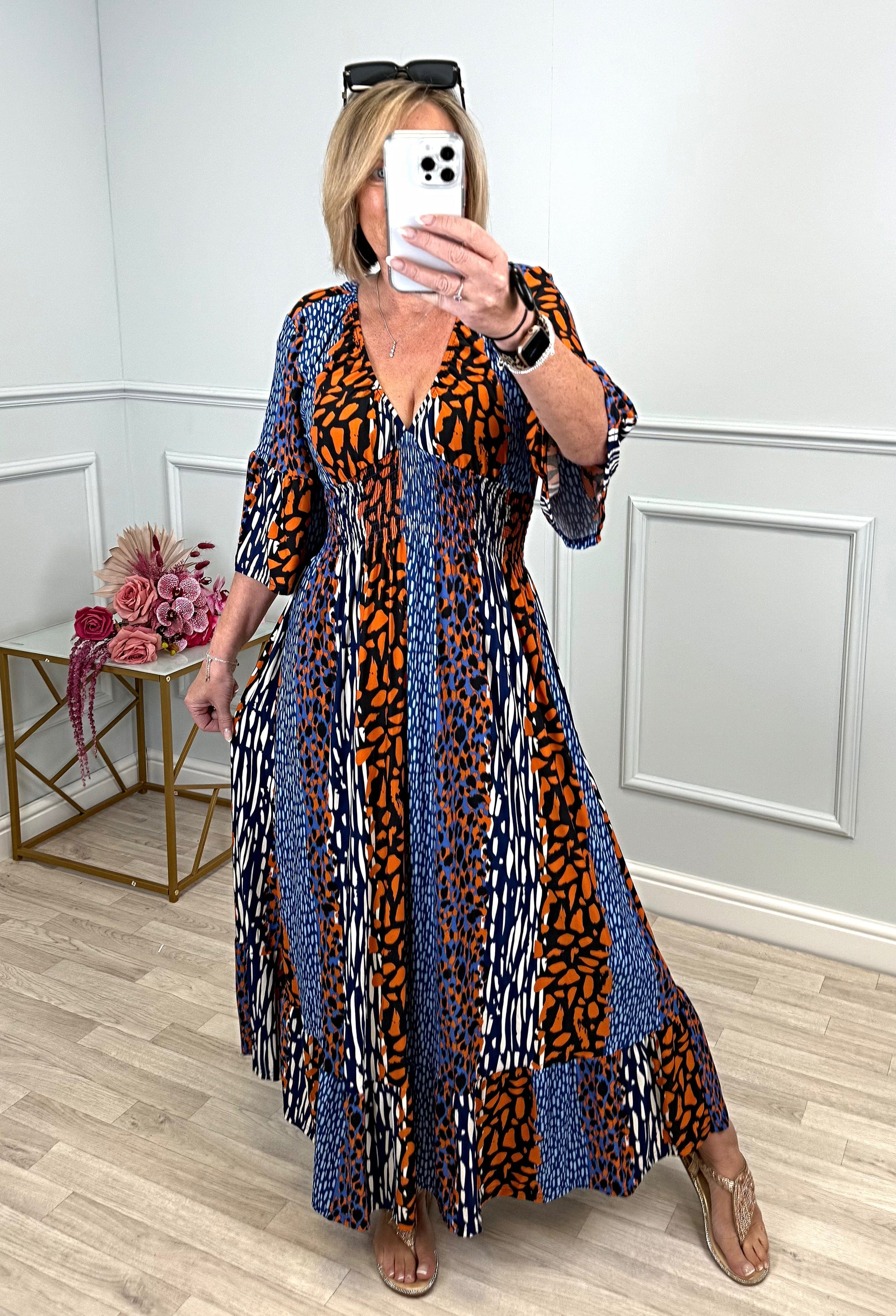 Azalea Mixed Animal V-Neck Shirred Waist Midi Dress - Flowy & Elegant Design (Sizes 8-20) Orange