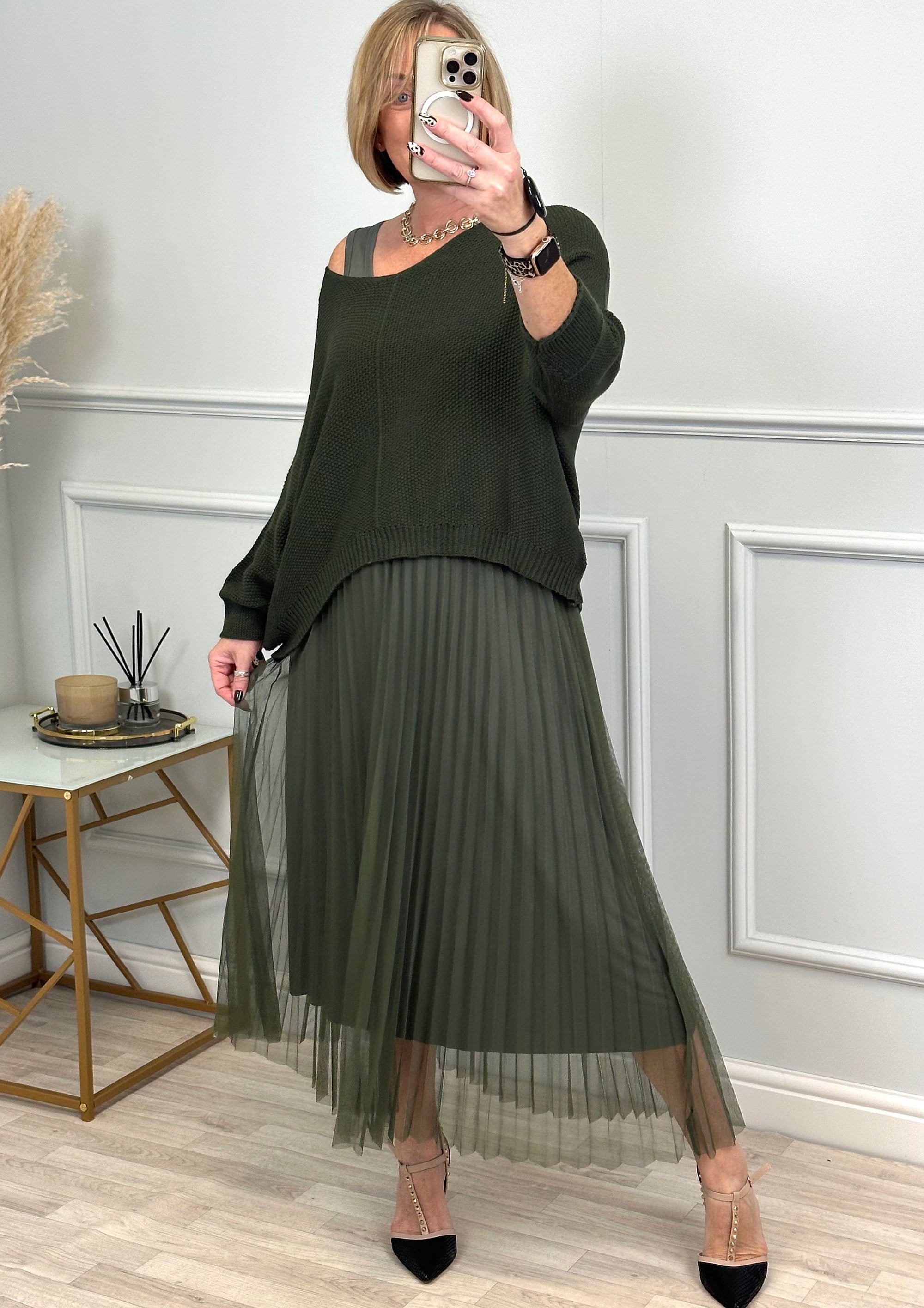 Adriana Jumper & Pleated Tulle Dress Set 8-18 Khaki - Susie's Boutique