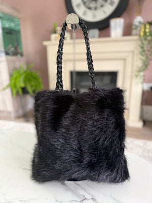 Faux Fur Braided Handle Tote Bag Black