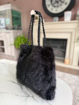 Faux Fur Braided Handle Tote Bag Black