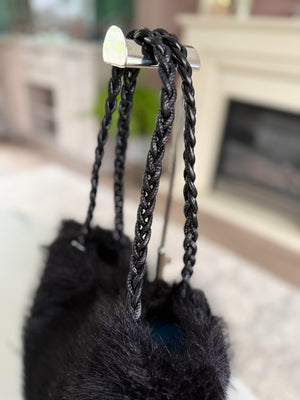 Faux Fur Braided Handle Tote Bag Black