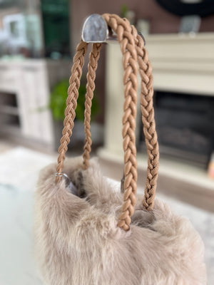 Faux Fur Braided Handle Tote Bag Cream