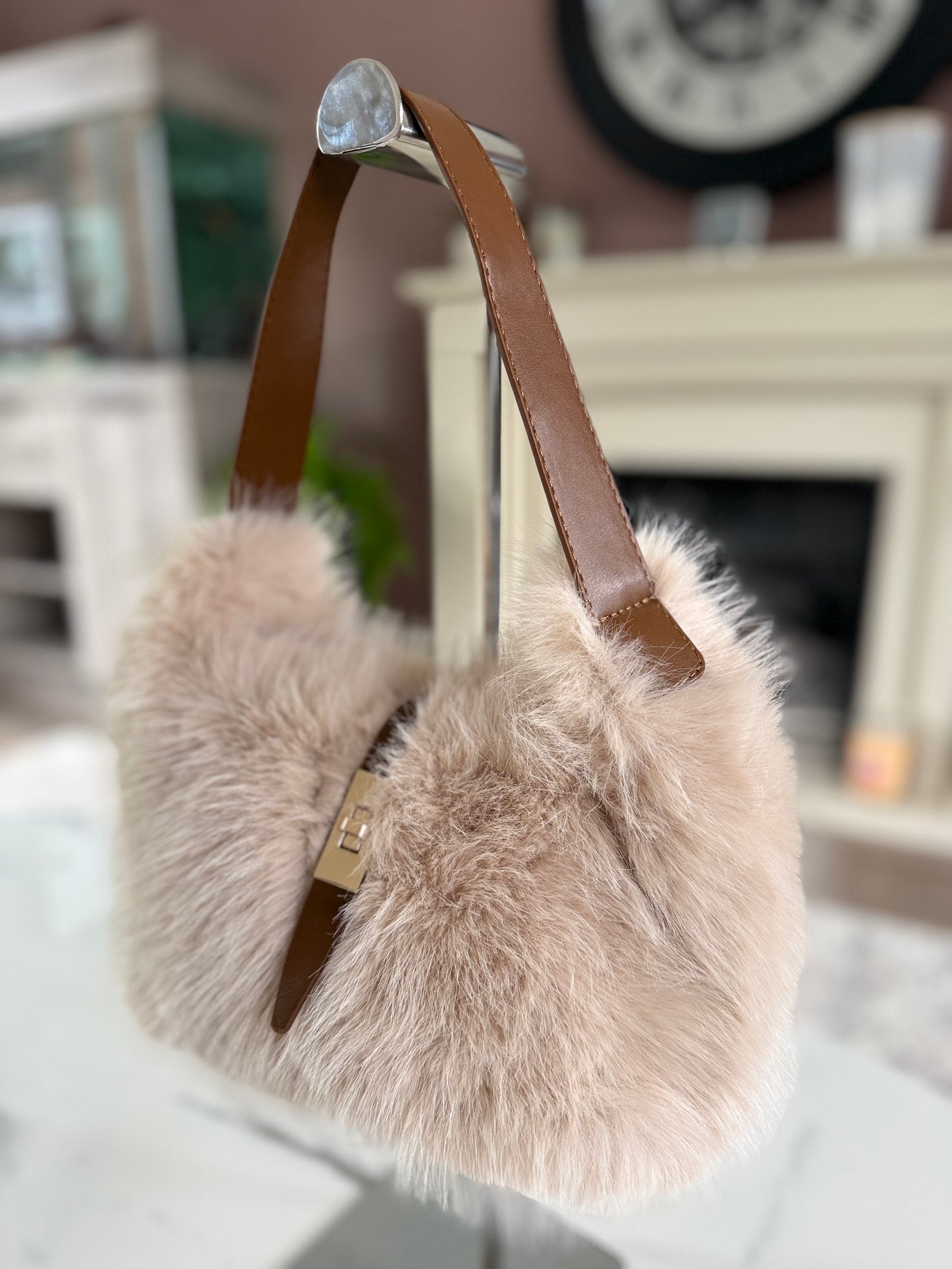 Faux Fur Shoulder Bag Soft Beige