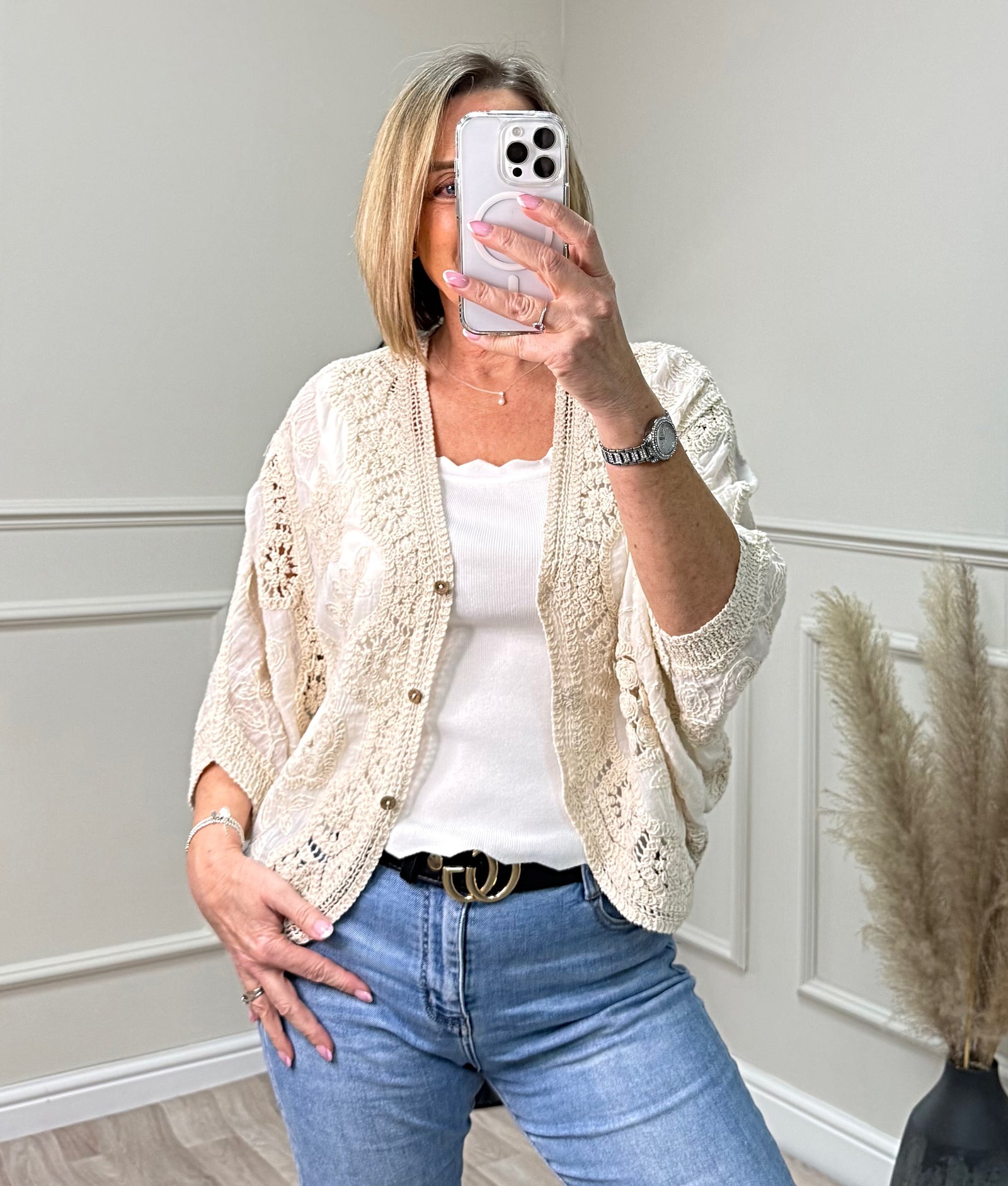 Maeve Oversized Crochet Lace Button-Up Cardigan Sand