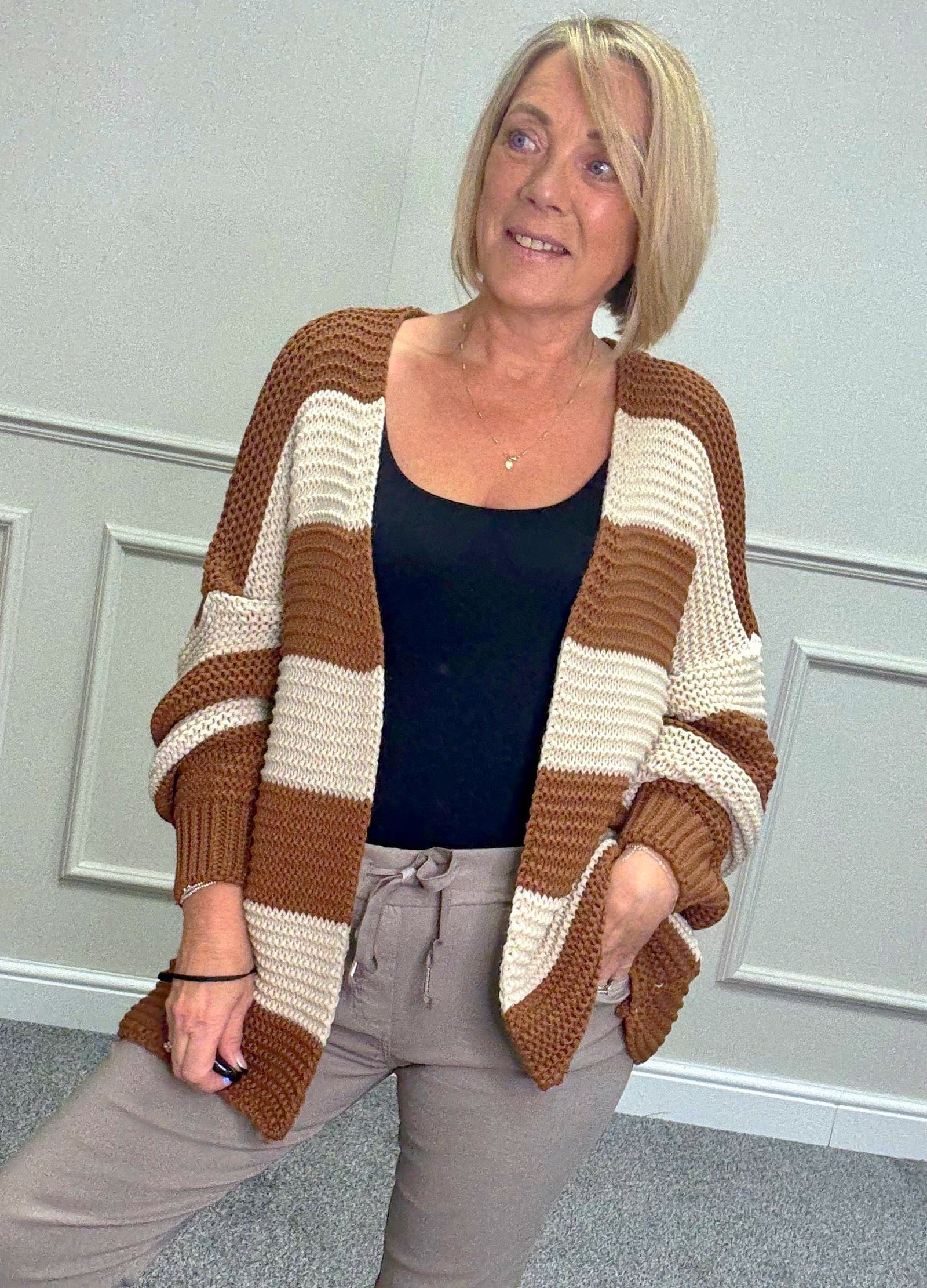 The Marlowe Stripe Cardigan 10-20 Toffee & Sand