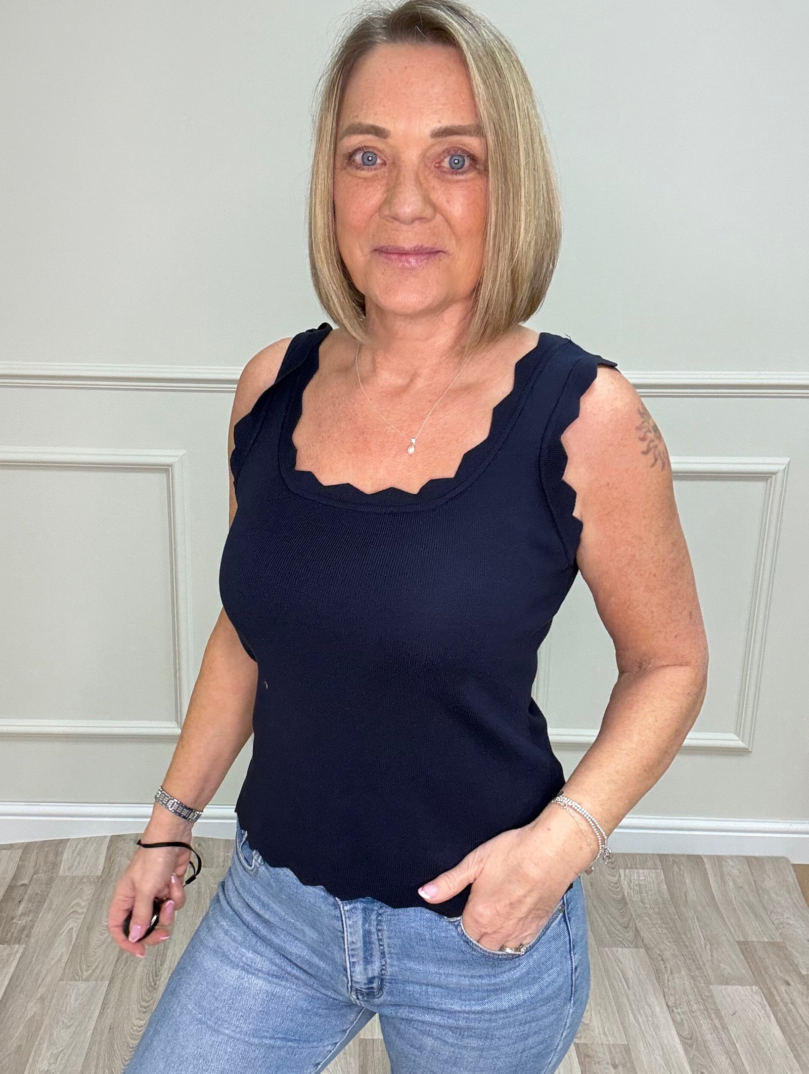 Scallop Edge Ribbed Vest Top 8-18 Navy