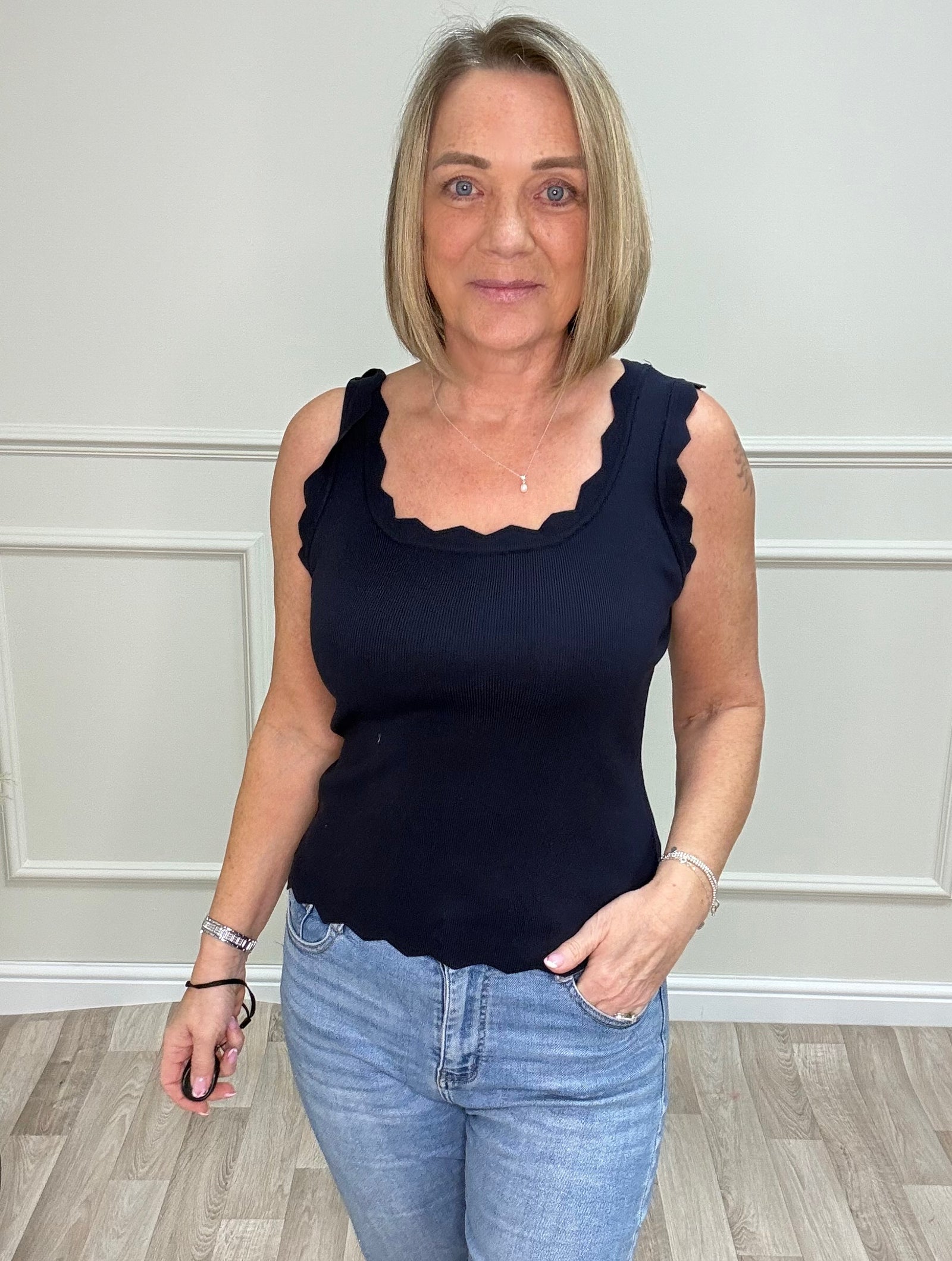 Scallop Edge Ribbed Vest Top 8-18 Navy