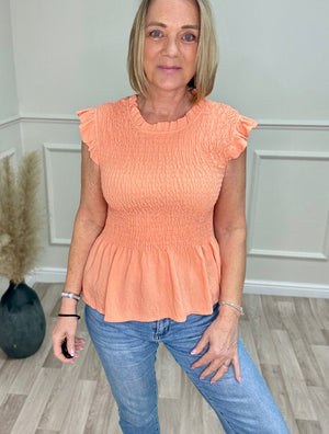 Ayla Shirred Peplum Frill Sleeve Top 8-18 Peach