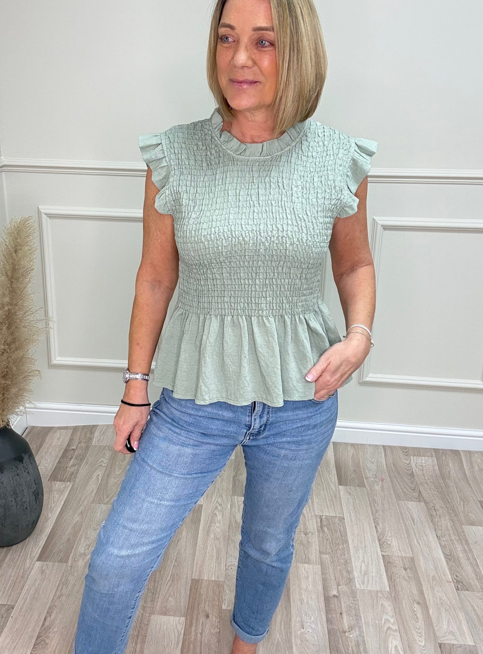 Ayla Shirred Peplum Frill Sleeve Top 8-18 Sage