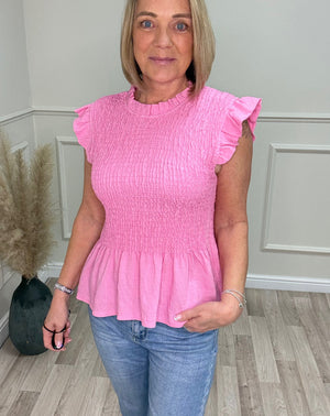 Ayla Shirred Peplum Frill Sleeve Top 8-18 Pink